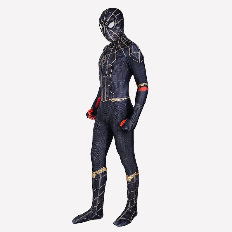 No way home spider suit black and gold cosplay costume detached mask image 1