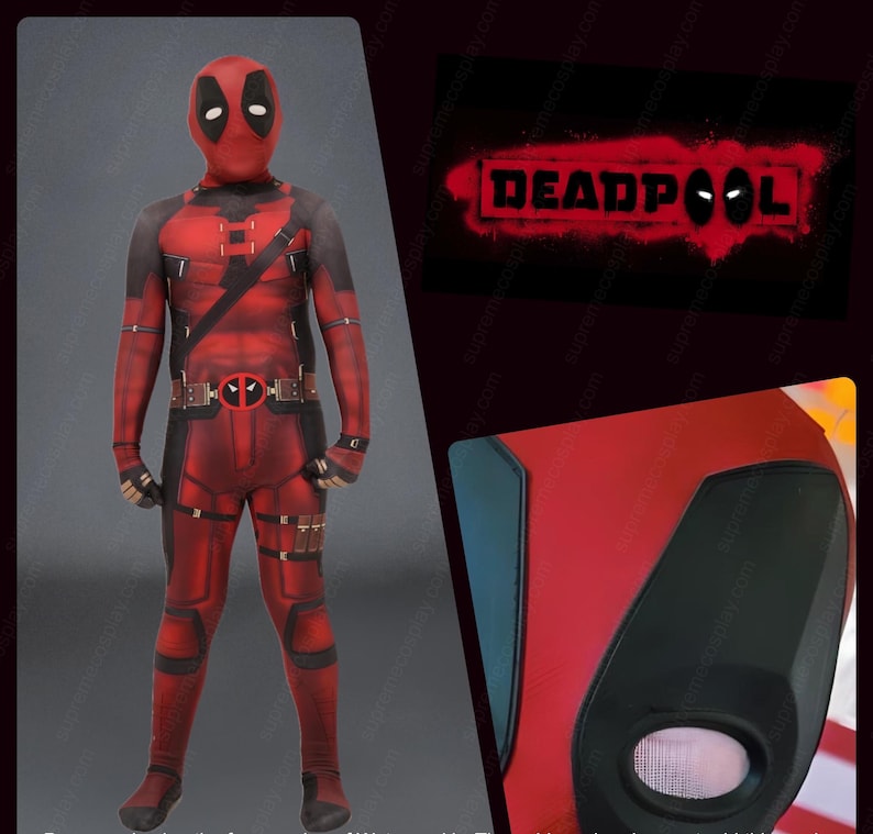 Puede incluir: Un disfraz de Deadpool rojo y negro con m&aacute;scara y cintur&oacute;n. El disfraz est&aacute; hecho de un material el&aacute;stico y tiene un dise&ntilde;o detallado. El disfraz es un traje de cuerpo entero con una m&aacute;scara que cubre la cabeza y la cara. El disfraz tiene un cintur&oacute;n con una hebilla y una bolsa en la parte delantera. El disfraz es una opci&oacute;n popular para cosplay y Halloween.