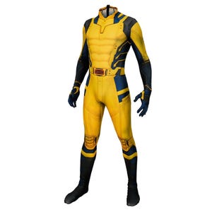 May include: A yellow and blue spandex costume with a black belt and a textured design. The costume is a full-body suit with a high neck and long sleeves.