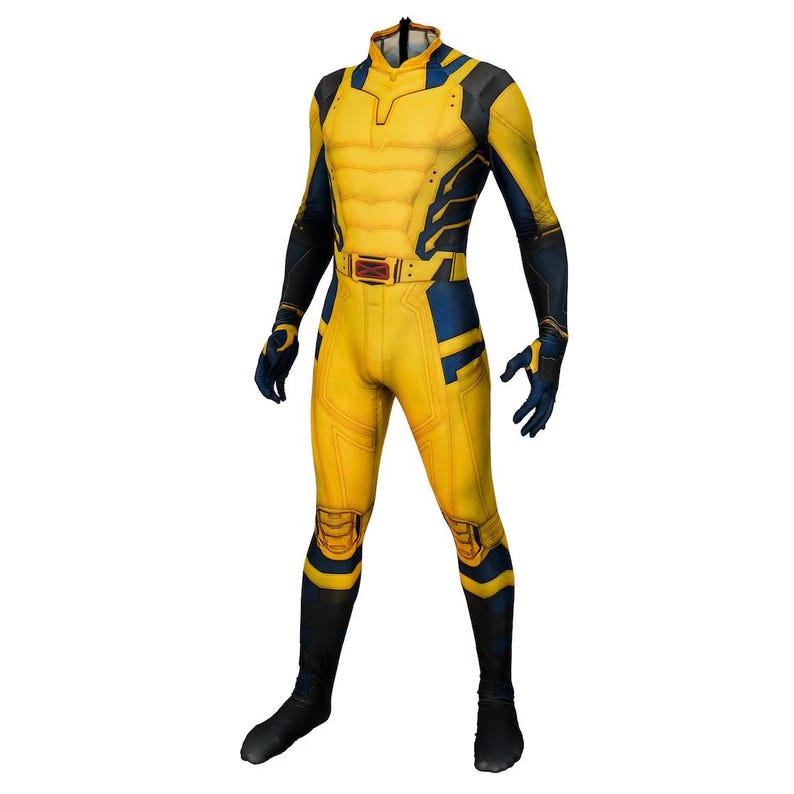 May include: A yellow and blue spandex costume with a black belt and a textured design. The costume is a full-body suit with a high neck and long sleeves.