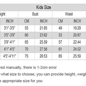 Puede incluir: Tabla de tallas para ni&ntilde;os con medidas en pulgadas y cent&iacute;metros para la altura, el busto, la cintura y la cadera. La tabla incluye las tallas XS a XL y los rangos de edad correspondientes en a&ntilde;os.