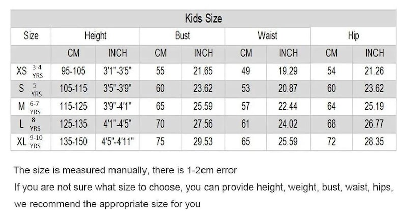 Puede incluir: Tabla de tallas para ni&ntilde;os con medidas en pulgadas y cent&iacute;metros para la altura, el busto, la cintura y la cadera. La tabla incluye las tallas XS a XL y los rangos de edad correspondientes en a&ntilde;os.