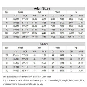 May include: Size chart for adult and kids clothing with measurements in inches and centimeters. The chart includes size, height, bust, waist, and hip measurements.