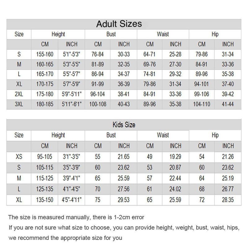 May include: Size chart for adult and kids clothing with measurements in inches and centimeters. The chart includes size, height, bust, waist, and hip measurements.
