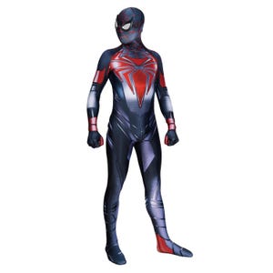 May include: A black and red spandex costume with a spider design on the chest. The costume has a black mask with red eyes.