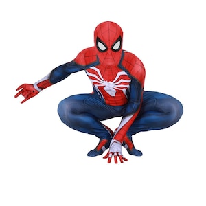 May include: A red and blue spandex Spider-Man costume with a white spider logo on the chest. The costume has a red mask with white eyes.