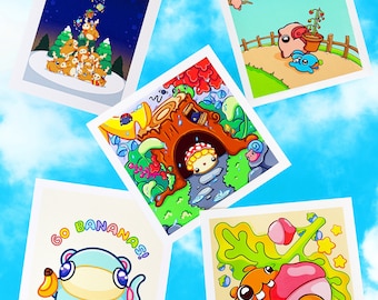 Cute Seasonal Art Prints on Cold Press Paper Kawaii Animals Cartoon Style