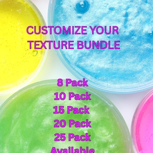 May include: Image of colorful slime in various shades of pink, yellow, blue, and green. Text on the image reads "Good Vibes Slime," "Customize Your Texture Bundle," and pack options from 8 to 25. The slime appears to have a glittery texture.