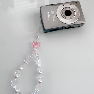 cute iridescent pearl butterfly bow heart beaded kawaii keychain, phone charm phone keychain, digital camera digicam strap, coquette y2k