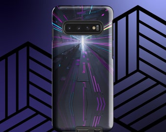 Peut inclure: Une coque de téléphone noire avec un design futuriste représentant un tunnel lumineux aux couleurs néon avec des accents violets et bleus.