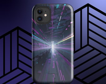 Peut inclure: Une coque de téléphone noire avec un design futuriste représentant un tunnel de lumière aux couleurs néon. La coque a une découpe pour l'appareil photo.