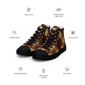 May include: Black high-top canvas sneakers with an orange and yellow patterned design. The shoes have black laces, a padded collar, and a breathable lining. The outsole is made of EVA rubber.