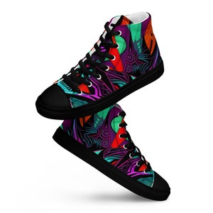 May include: High-top canvas sneakers with a black sole and a colorful abstract pattern featuring shades of red, purple, blue, and green.
