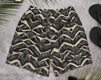 May include: Black and beige patterned men's shorts with a geometric design. The shorts have a relaxed fit and a drawstring waist.