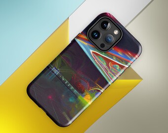 Peut inclure: Une coque de smartphone avec un design abstrait vibrant. La coque présente un fond sombre avec des motifs tourbillonnants colorés dans les tons de bleu, vert, rouge et jaune. La coque du téléphone possède un module caméra à trois objectifs.