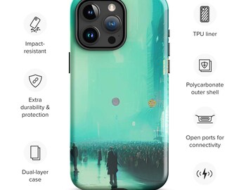 Peut inclure: Une coque de téléphone double couche avec un motif de ville en vert et bleu. La coque est résistante aux chocs, offre une durabilité et une protection supplémentaires et est compatible avec la charge sans fil.