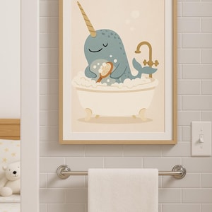 Narwhal Bathtub Wall Art – Whimsical Kids Bathroom Print, Funny Ocean Animal Poster, Printable Artwork (5x7 to 16x20)