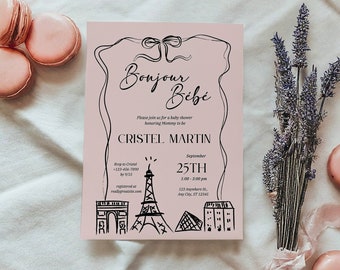 May include: Pink baby shower invitation with black text and illustrations of Parisian landmarks. The text reads "Bonjour Bébé" and "Please join us for a baby shower honoring Mommy to be Cristel Martin". The date is September 25th, 1:00-3:00 pm. The location is 123 Anywhere St., Any City, ST 12345.