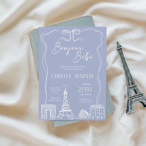 Bonjour Bebe, faire-part pour baby shower, invitation sur le thème Français dessinée à la main, carte imprimable pour baby shower parisienne design Tour Eiffel modifiable