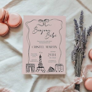 Bonjour Bebe, faire-part pour baby shower, invitation sur le thème Français dessinée à la main, carte imprimable pour baby shower parisienne design Tour Eiffel modifiable
