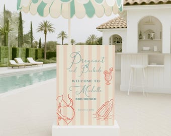 Pregnant and Poolside Baby Shower Welcome Sign, Summer Cabana Pool Party Decor, Striped Hand-Drawn Editable Canva Template, Digital Download