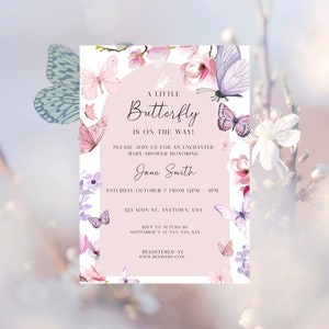 Convite de chá de bebê borboleta para chá de bebê de primavera Modelo Canva Design floral Convite para mamãe ficar encantada Cartão de chá de bebê menina