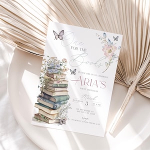 Eine für die Bücher Erste Geburtstagseinladung, Blumenbuch-Thema Geburtstag, Storybook-Party einladen, bearbeitbare Canva-Vorlage, digitaler Download