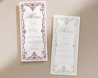 A New Chapter Begins Bridal Shower Menu Card, Elegant Book Theme, Vintage Baroque Dinner Menu, Editable Canva Template, Printable 4x9 Card