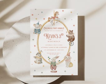 Storybook Party Animals Birthday Invitation, Circus Watercolor Animal Invite, Kids Birthday Party, Editable Canva Template, Digital Download