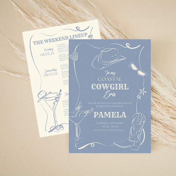 Coastal Cowgirl Bachelorette Party Invitation, Coastal Grandama Bachelorette Weekend Itinerary, Beach Western Hen Do Editable Canva Template