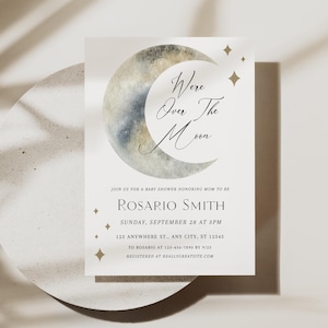 We’re Over the Moon Baby Shower Invitation, Celestial Baby Shower, Gender Neutral Moon & Stars Invite, Editable Canva Template, Downloadable