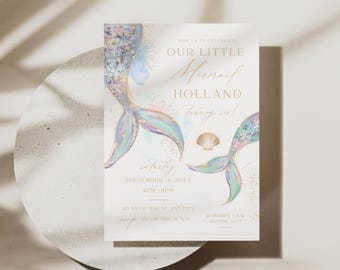 Mermaid Birthday Invitation, Under the Sea Party Invite, Glitter Tail Girl Birthday, Pool Party, Editable Canva Template, Digital Download
