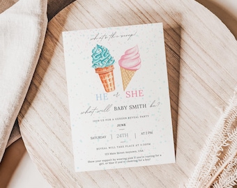 What's the Scoop Gender Reveal, gender Reveal-uitnodiging ijsthema, aanpasbare Canva-uitnodigingssjabloon voor jongen of meisje
