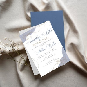 Algo azul antes de eu fazer convite para chá de panela, algo azul para ser noiva, modelo editável em Canva, cartão de chá de casamento