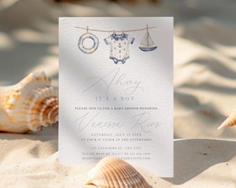 Ahoy Its a Boy Baby Shower Invitation, Nautical Ocean Theme Invite, Anchor Sailboat Printable, Editable Canva Template, Digital Download