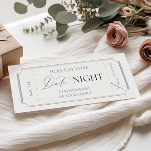Boleto de regalo para una noche romántica de San Valentín, regalo romántico para parejas, cupón para una cena de aniversario, cupón de amor, plantilla editable de Canva