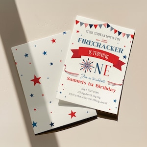 Firecracker 1st Geburtstagseinladung, 4. Juli Themen einladen, bearbeitbare erste Geburtstag Canva-Vorlage, rotes, weißes und blaues feuerrotes Feuerwerk