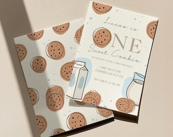 Verjaardagsuitnodiging voor één zoet koekje, uitnodiging voor eerste verjaardagsfeestje melk en koekjes, canvasjabloon 1e verjaardag met koekjes en melk