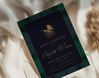 Classic Polo Baby Shower Invitation Template, Green Navy Plaid, Gold Carriage