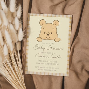 Modello di invito per baby shower di Winnie the Pooh, invito classico per baby shower dell'orso Pooh, invito modificabile di Winnie, baby shower stampabile di Pooh