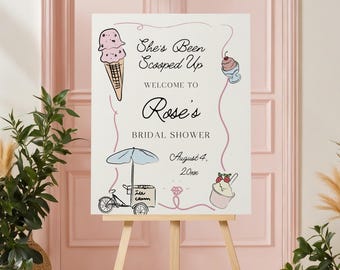 She's Been Scooped Up Bridal Shower Welcome Sign, Hand Drawn Ice Cream Bridal Shower Decor, Editable Canva Template, Digital Download