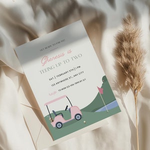 May include: A pink and green golf-themed invitation for a child's second birthday party. The invitation says "Get ready to party! Ghenesis is teeing up to two. Sat. February 5th | 1 PM. 123 Anywhere St., Any City. RSVP to Mom 123-456-7890 by 2/1."