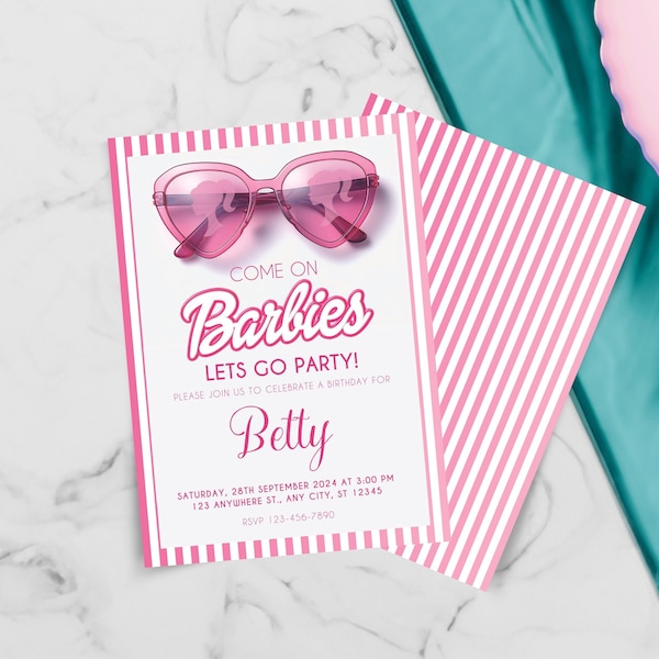 Pink Malibu Doll Birthday Party Invitation, Editable Doll Birthday Card, Lets Go Party Invite, Customizable Canva Template, Invite for Girls