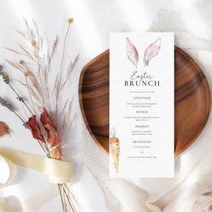 Osterbrunch-Menükartenvorlage, Aquarellhasen-Frühlingsfeiermenü, bedruckbares Karotten-Ostersonntagmenü, bearbeitbarer Hasenbrunch