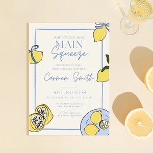 Ela encontrou seu convite para chá de panela principal, convite estilo Capri limão desenhado à mão, modelo Canva com tema cítrico, chá de panela de verão