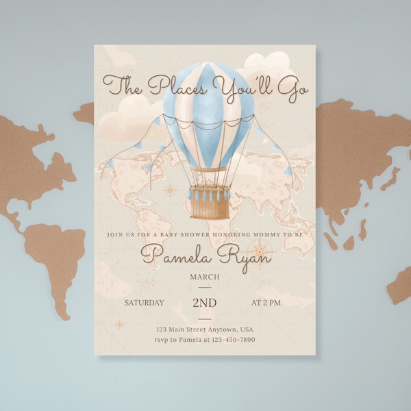 Adventure Awaits Baby Shower Invitation Template | "Places You'll Go" Theme | Hot Air Balloon | Editable Canva Template | Instant Download