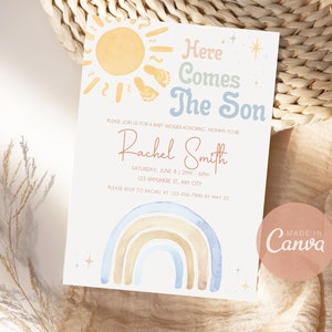 Here Comes The Son babyshower uitnodiging, zon en regenboog thema doucheuitnodiging, jongensbabyshower, sonshine bewerkbare canva-sjabloon