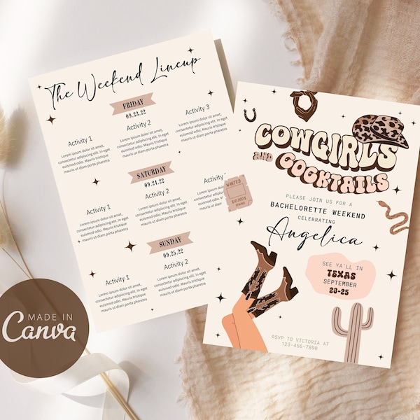 Cowgirls & Cocktails Bachelorette Invitation and Schedule, Western Bachelorette, Last Rodeo Invite and Agenda, Customizable Canva Template