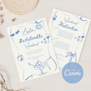 Paquete de invitación de fin de semana de despedida de soltera en la playa, Invitación editable dibujada a mano, Itinerario y hojas de información, Plantilla de lienzo para despedida de soltera de verano