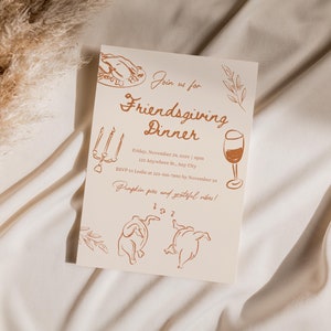 Faire-part de Thanksgiving, invitation à dîner de Thanksgiving dessiné à la main, fête de l'amitié, tarte au potiron, modèle de toile éditable, téléchargement numérique